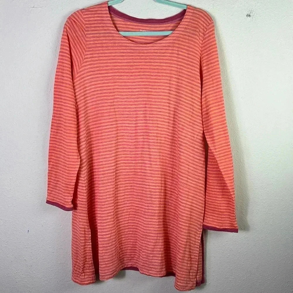 Eileen Fisher 100% Linen Jersey Stripe Tee orange pink Tunic Top size XL